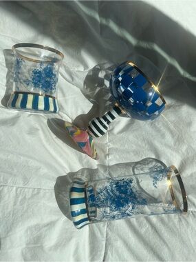 MacKenzie-Childs Blue White and Gold Glassware Set with Striped Stem Goblet